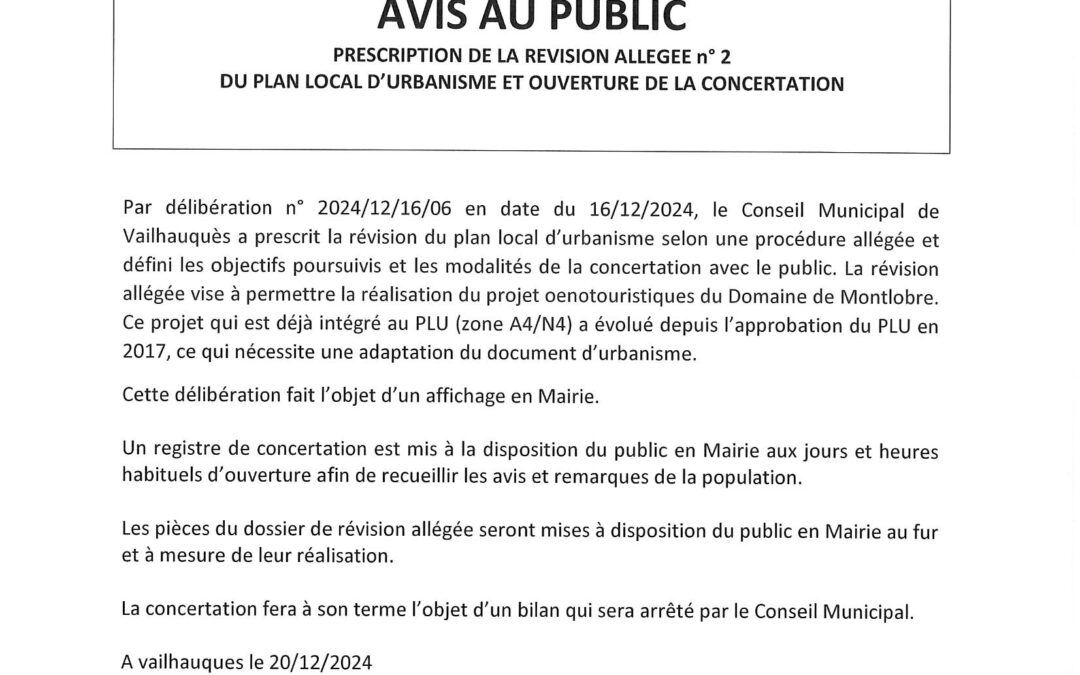 AVIS AU PUBLIC : REVISION ALLÉGÉE N°2 DU PLU